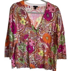 Talbots Floral Paisley Cardigan Sweater Sz XL V-Neck 3/4 Sleeves Colorful Preppy